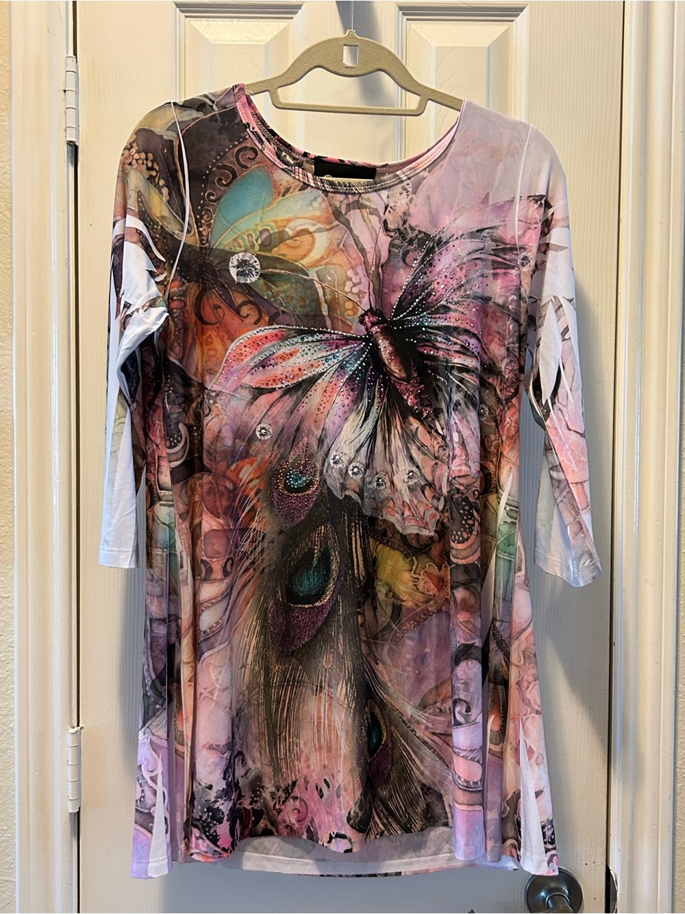 Christine Alexander Pink Multicolor Butterfly & Peacock Feather Tunic